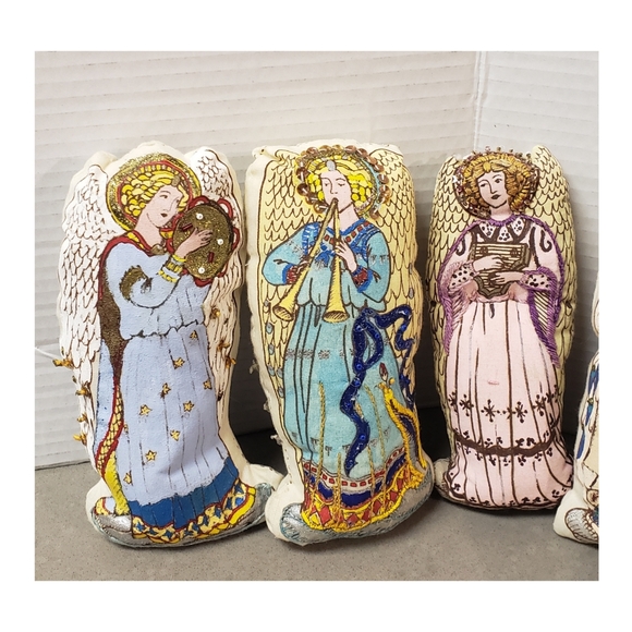 Vintage Lot Set Of 10 Cut And Sew Handpainted Embellished Soft Sculpture Angels - Picture 11 of 16